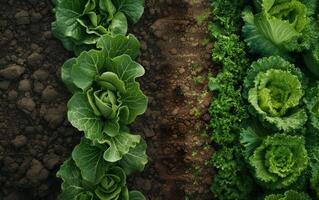 ai generiert verschiedene anders Typen von Grüner Salat mit Reihen im das Feld foto