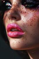 ai generiert schön jung Frau Nahansicht Porträt mit hell Rosa Lippen lange schwarz Wimpern und funkeln auf ihr Gesicht. foto