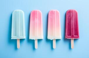 ai generiert Pastell- Süss Eis Lollies sind auf ein Rosa und Blau Hintergrund foto