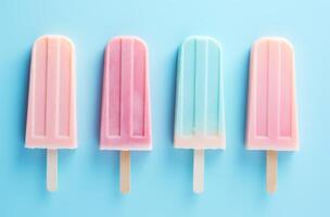 ai generiert Pastell- Süss Eis Lollies sind auf ein Rosa und Blau Hintergrund foto