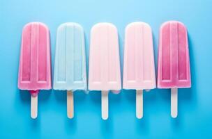 ai generiert Pastell- Süss Eis Lollies sind auf ein Rosa und Blau Hintergrund foto