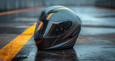 ai generiert Motorrad Helm auf ein Beton Fußboden mit Gelb und Orange reflektierend foto