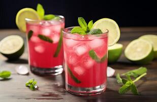 ai generiert Wassermelone Cocktail mit Minze und Limette Scheiben foto