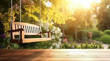 ai generiert hölzern schwingen und Garten Deck foto