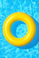 ai generiert 3d Gelb aufblasbar Schwimmbad Ring, oben Sicht, Schwimmbad Hintergrund mit Blau Wasser. Vertikale Hintergrund foto
