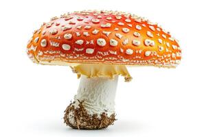 ai generiert Nahansicht von ein Amanita Pilz auf ein Weiß Hintergrund ein detailliert Aussicht von ein Pilz präsentieren es ist einzigartig Textur und Farbe, gefangen gegen ein sauber Weiß Hintergrund. foto