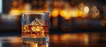 ai generiert Glas von Whiskey mit Eis auf ein hölzern Bar Schalter. klassisch Whiskey im ein Glas im ein dim Bar mit Kopieren Raum. foto