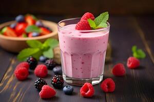 ai generiert Obst Joghurt Smoothie mit frisch Beeren im ein Glas foto