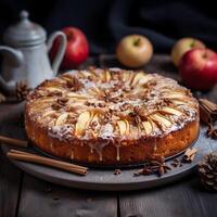 ai generiert Apfel Kuchen im Teller auf grau hölzern Tabelle foto