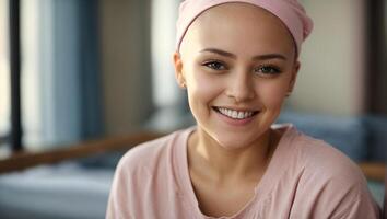 ai generiert Smiley stark Mädchen Kampf Krebs mit Rosa Schal auf das Kopf foto