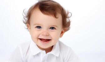 ai generiert Baby Junge mit Lachen und lächelnd isoliert auf Weiß Hintergrund. foto