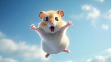 ai generiert fliegend süß wenig Hamster Charakter auf Blau Himmel Hintergrund. foto