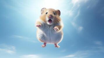 ai generiert fliegend süß wenig Hamster Charakter auf Blau Himmel Hintergrund. foto