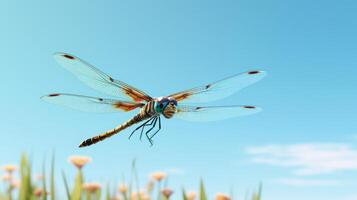 ai generiert Blau Libelle auf das Grün Gras im das Wiese. foto