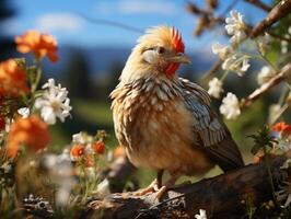 ai generiert Hähnchen im das Wiese auf ein Hintergrund von Wildblumen foto