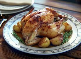 ai generiert geröstet Hähnchen mit Gewürze auf rustikal Küche foto