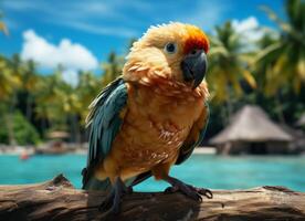 ai generiert Papagei auf das Strand mit Palme Bäume und Blau Himmel Hintergrund. foto