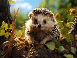 ai generiert süß Igel im das Wald auf ein Hintergrund von Herbst Blätter foto