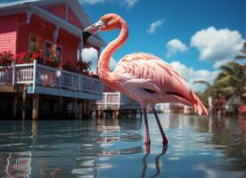 ai generiert Rosa Flamingo Stehen im das Wasser auf ein schön tropisch Strand. foto