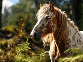 ai generiert Porträt von ein Pferd im das Wald. foto