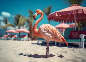 ai generiert Rosa Flamingo Stehen im das Wasser auf ein schön tropisch Strand. foto