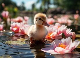 ai generiert wenig Entlein Schwimmen im ein See mit Rosa Wasser Lilien. foto