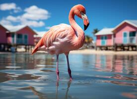 ai generiert Rosa Flamingo Stehen im das Wasser auf ein schön tropisch Strand. foto