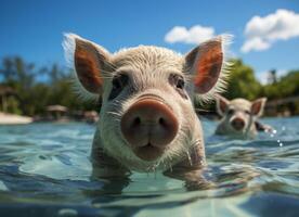 ai generiert süß Schwein Schwimmen im tropisch Meer, Sommer- Ferien Konzept. foto