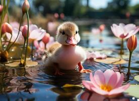 ai generiert wenig Entlein Schwimmen im ein See mit Rosa Wasser Lilien. foto