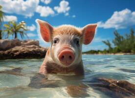 süß Schwein Schwimmen im tropisch Meer, Sommer- Ferien Konzept. foto