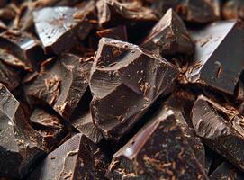ai generiert Stücke von dunkel Schokolade auf Tabelle Nahansicht Essen Hintergrund foto