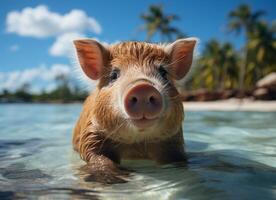 süß Schwein Schwimmen im tropisch Meer, Sommer- Ferien Konzept. foto