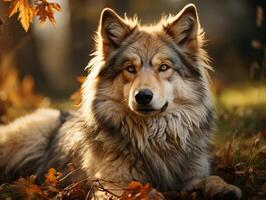 ai generiert Porträt von ein Wolf im das Herbst Wald foto