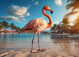 ai generiert Rosa Flamingo Stehen im das Wasser auf ein schön tropisch Strand. foto