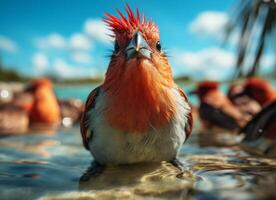 ai generiert rot geleitet Kardinal Vogel auf das Ufer von das Mittelmeer Meer foto