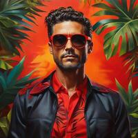 ai generiert ein Mann mit feurig rot Sonnenbrille steht im Vorderseite von ein beschwingt tropisch Hintergrund foto