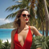 ai generiert ein Frau im rot Sonnenbrille posiert mit mühelos Anmut foto