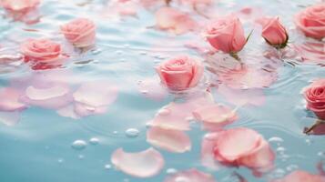 ai generiert Rose und Blütenblätter schwebend auf das Wasser. ästhetisch Hintergrund Fotografie ai generativ foto