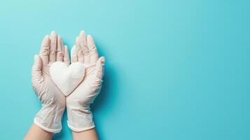 ai generiert Arzt Hände im Handschuhe halten Kinder Hände. medizinisch Banner mit Kopieren Raum auf Blau Hintergrund. Pflege Konzept. foto