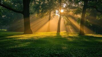 ai generiert Sonnenaufgang Strahl im das schön Park foto