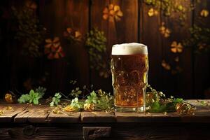 ai generiert st. Patrick's Tag Hintergrund mit Becher Bier und Kleeblatt foto