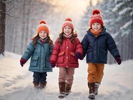 ai generiert wenig Kinder Gehen im das schneebedeckt Wald foto