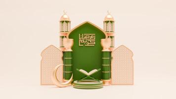 3d machen Ramadan Hintergrund mit Moschee, Koran, Säule und islamisch Ornamente foto