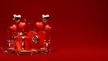 3d gerendert rot und Gold Valentinstag thematisch Podium Anzeige mit von Konfetti, Geschenk Kisten, und Liebe Luftballons zum Banner Vorlage foto