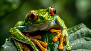ai generiert ein Grün Frosch mit rot Augen Sitzung auf ein Blatt foto