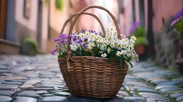 ai generiert ein Korbweide Korb gefüllt mit Weiß und lila Blumen foto