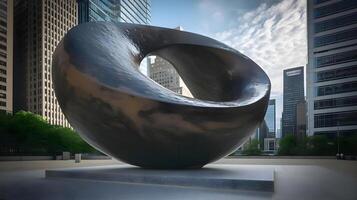 ai generiert ein groß Metall Skulptur Sitzung im das Mitte von ein Park foto