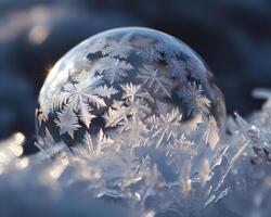 ai generiert ein schließen oben von ein Schnee Globus mit Schnee Flocken auf es foto