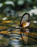 ai generiert ein Schmetterling Das ist Sitzung auf etwas Wasser foto