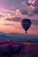ai generiert ein heiß Luft Ballon fliegend Über ein Lavendel Feld foto
